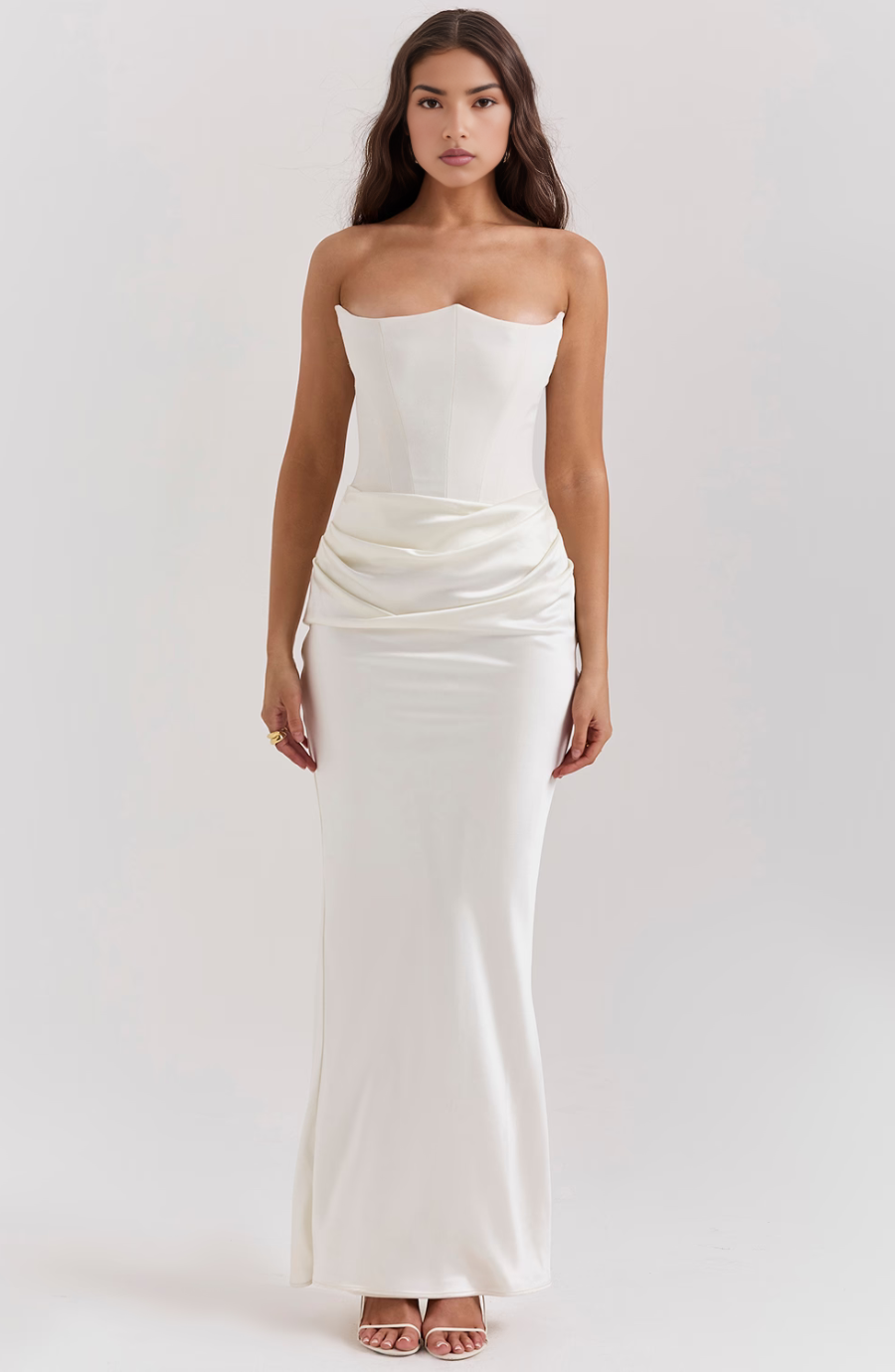 Jesie-London Camille women's strapless corset bodycon maxi dress, elegant black gown with fitted bodice and flowing skirt.
