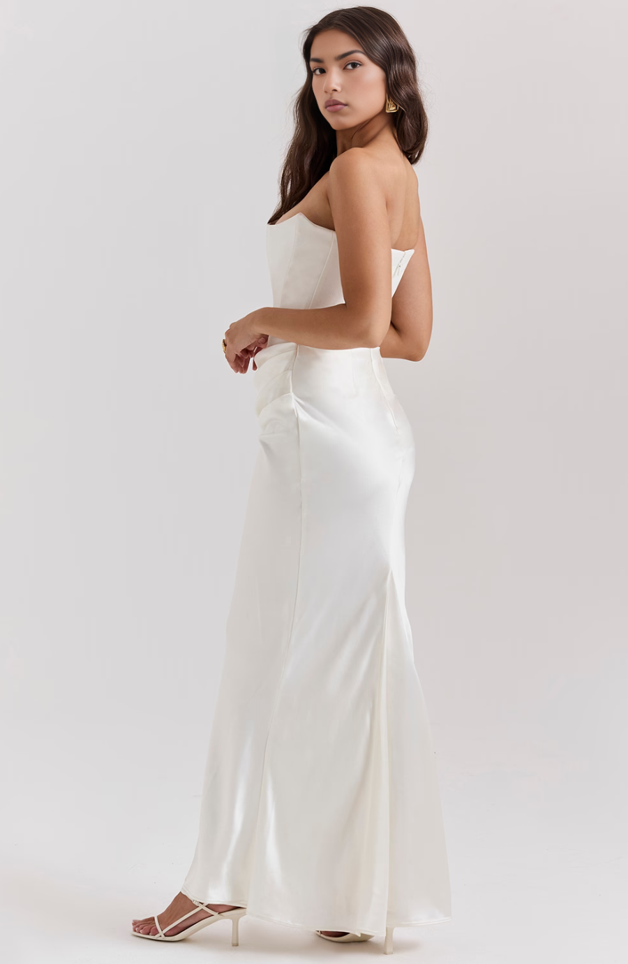 Jesie-London Camille women's strapless corset bodycon maxi dress, elegant black gown with fitted bodice and flowing skirt.