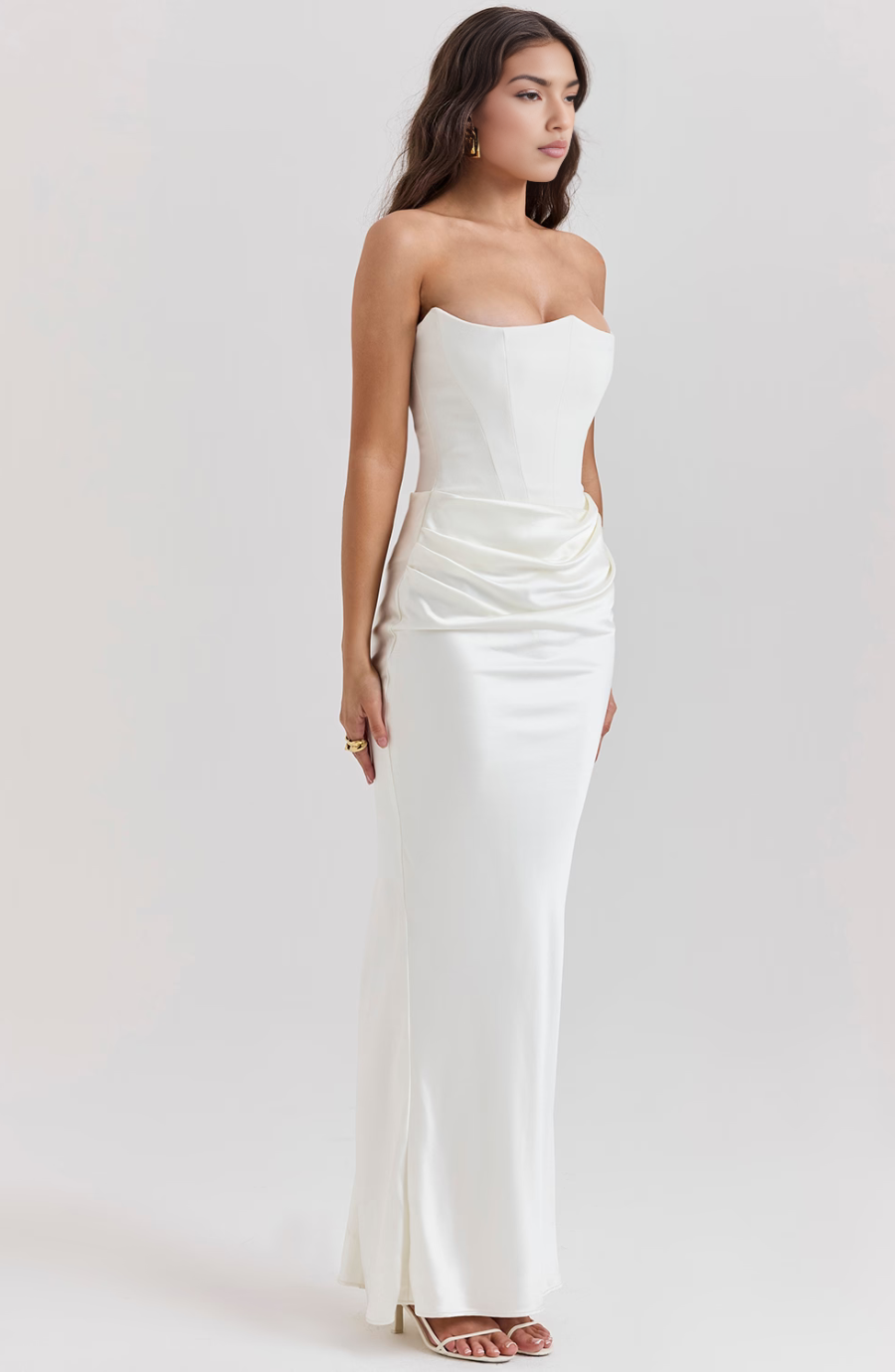 Jesie-London Camille women's strapless corset bodycon maxi dress featuring a fitted silhouette and elegant design.