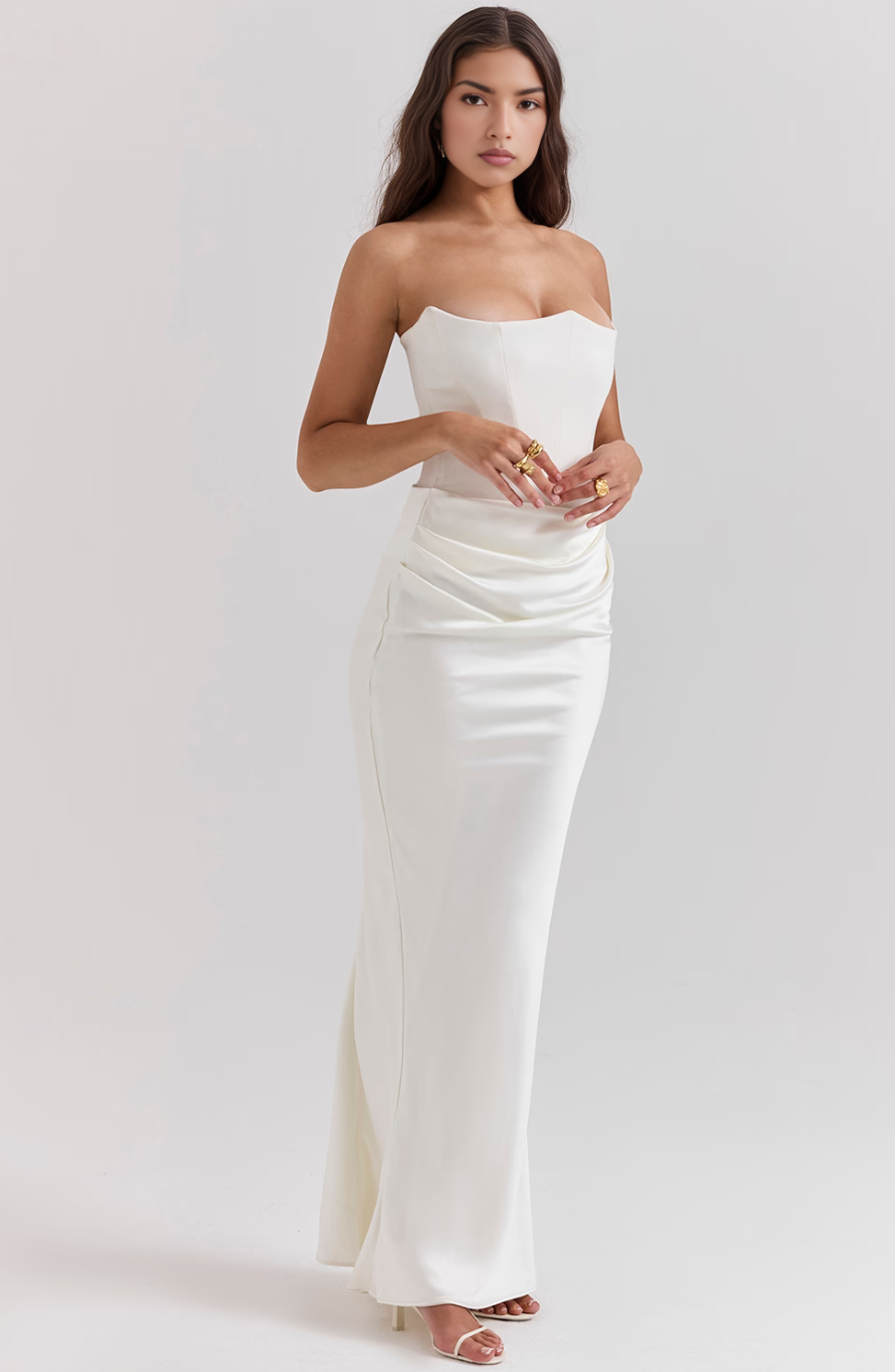 Jesie-London Camille strapless corset bodycon maxi dress on a woman, showcasing elegant design and fitted silhouette.