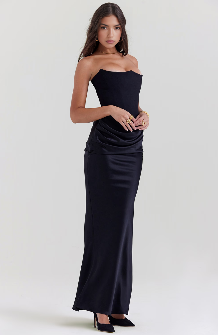 Jesie-London Camille women's strapless corset bodycon maxi dress, elegant black evening dress with fitted silhouette and flowing hem.
