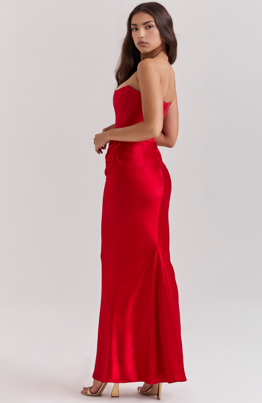 Jesie-London Camille women’s strapless corset bodycon maxi dress, elegant black dress with fitted bodice and flowing skirt, front view.