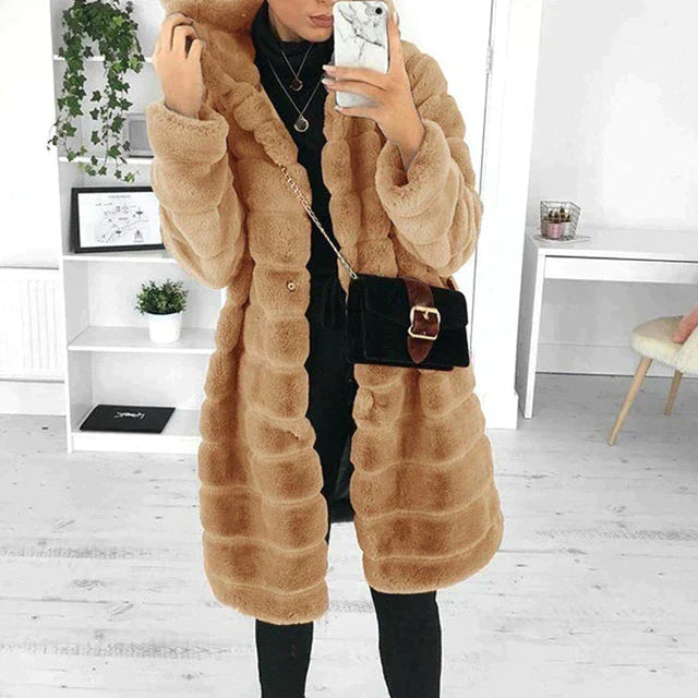 Jesie-London Florence women’s longline faux fur coat with hood, soft shaggy texture, warm winter jacket for women.