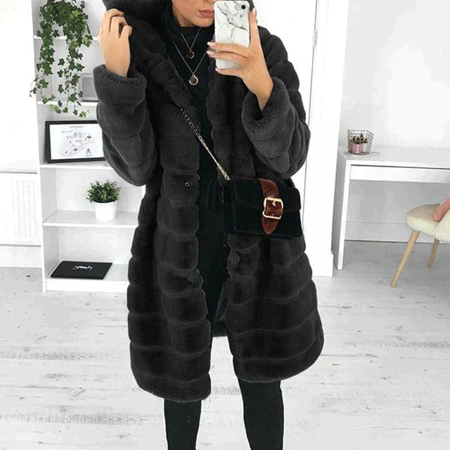 Jesie-London Florence women's longline faux fur coat with hood, soft shaggy mink-style winter coat, long sleeves, warm and cozy.