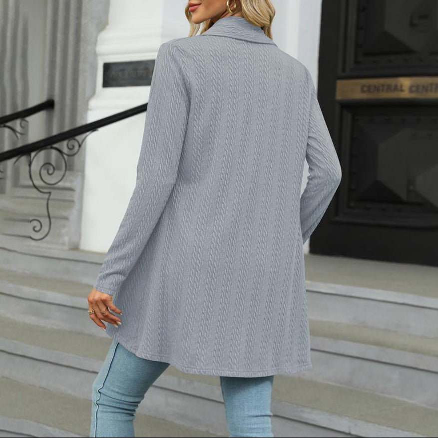 Grey-blue women's open front long cardigan by Jesie-London, casual Chloe sweater with a relaxed fit and open-front design.