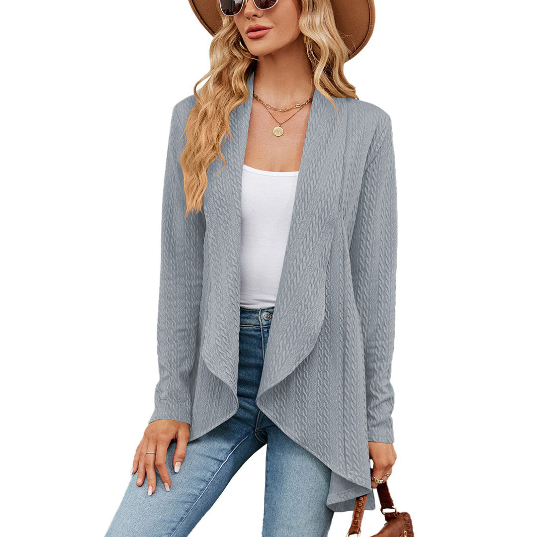 Grey-blue Jesie-London Chloe women's casual open front long cardigan with a relaxed fit and soft knit texture.