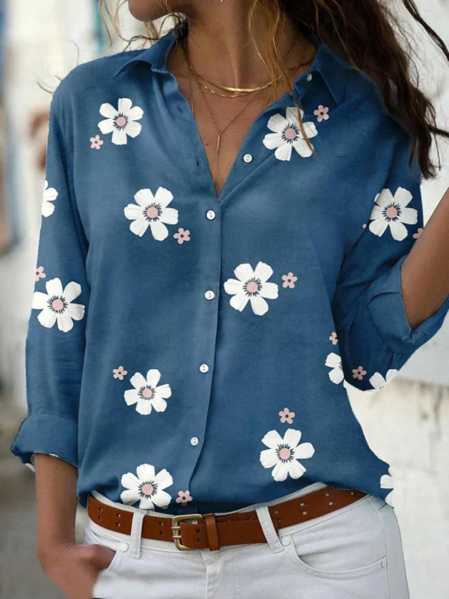 Jesie-London Ella women's floral long sleeve button-up shirt top, featuring a vibrant floral pattern and tailored fit.