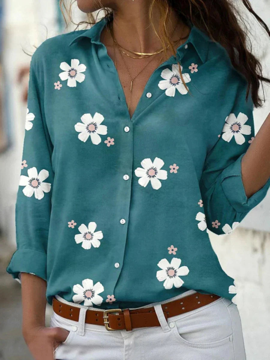 Women's floral button-up long sleeve shirt top by Jesie-London, Ella, featuring a stylish floral print and classic collar.