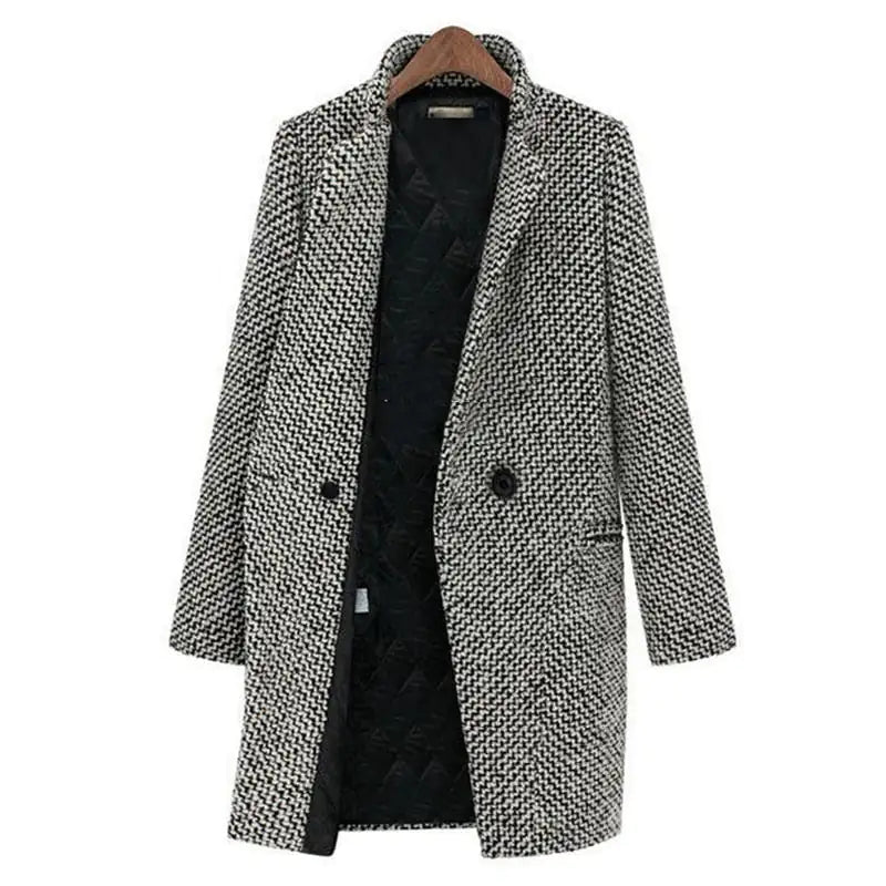 Women’s vintage-inspired houndstooth pattern coat by Jesie-London, featuring a classic tailored design with a high collar and button details.