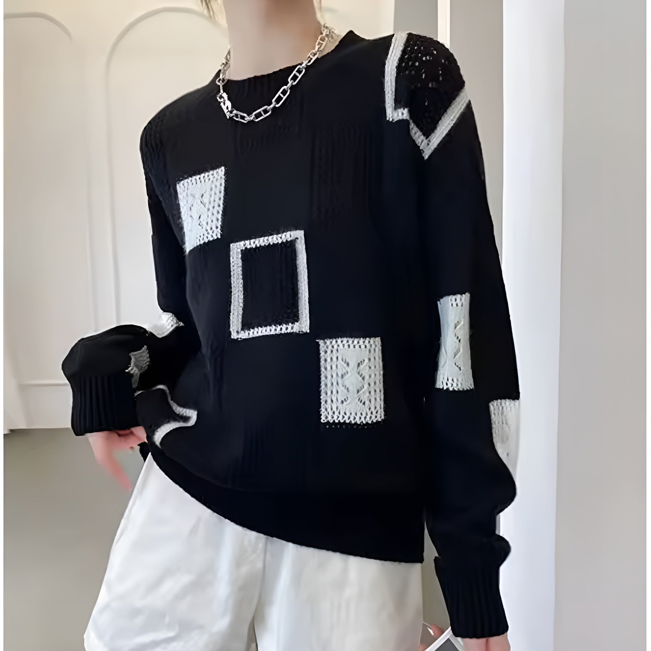 Jesie-London Lydia women's spring casual relaxed fit top with a geometric pattern and stylish sweater design.