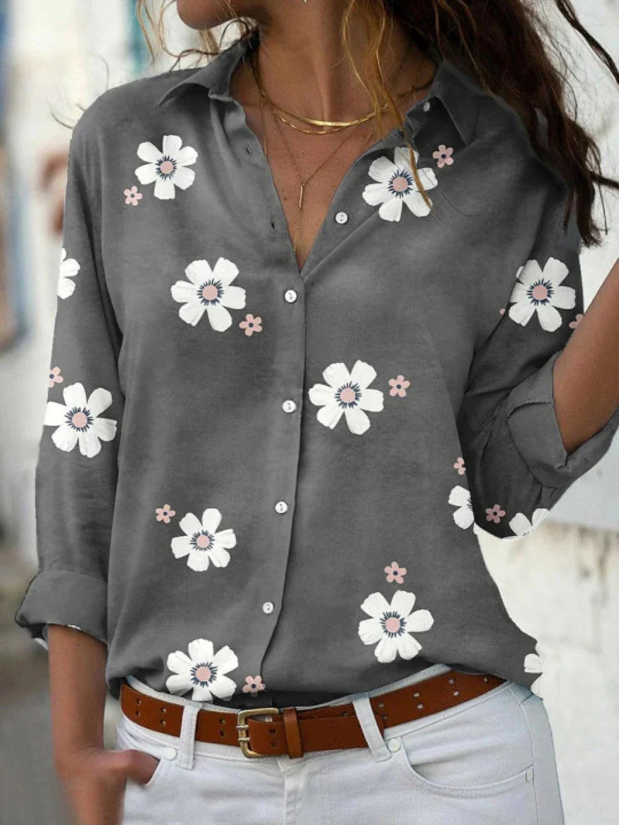Jesie-London Ella women's floral long sleeve button-up shirt top, showcasing a vibrant floral pattern and classic collar design.