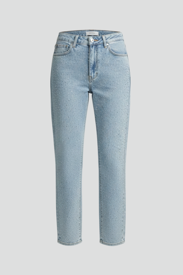 Jesie-London Kate women's high-waist shimmer straight-leg jeans showing the fitted waistband and shimmering fabric detail.