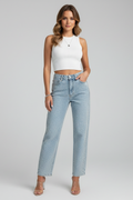 Jesie-London Kate women's high-waist shimmer straight-leg jeans showing fit and shimmering detail on a model.
