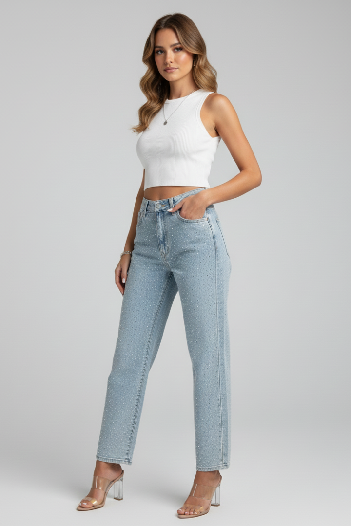 Kate women's high-waist shimmer straight-leg jeans by Jesie-London, featuring a shiny shimmer detail and classic fit.