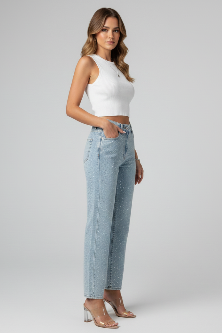 Jesie-London Kate women's high-waist shimmer straight-leg jeans with metallic detailing and classic denim fit.