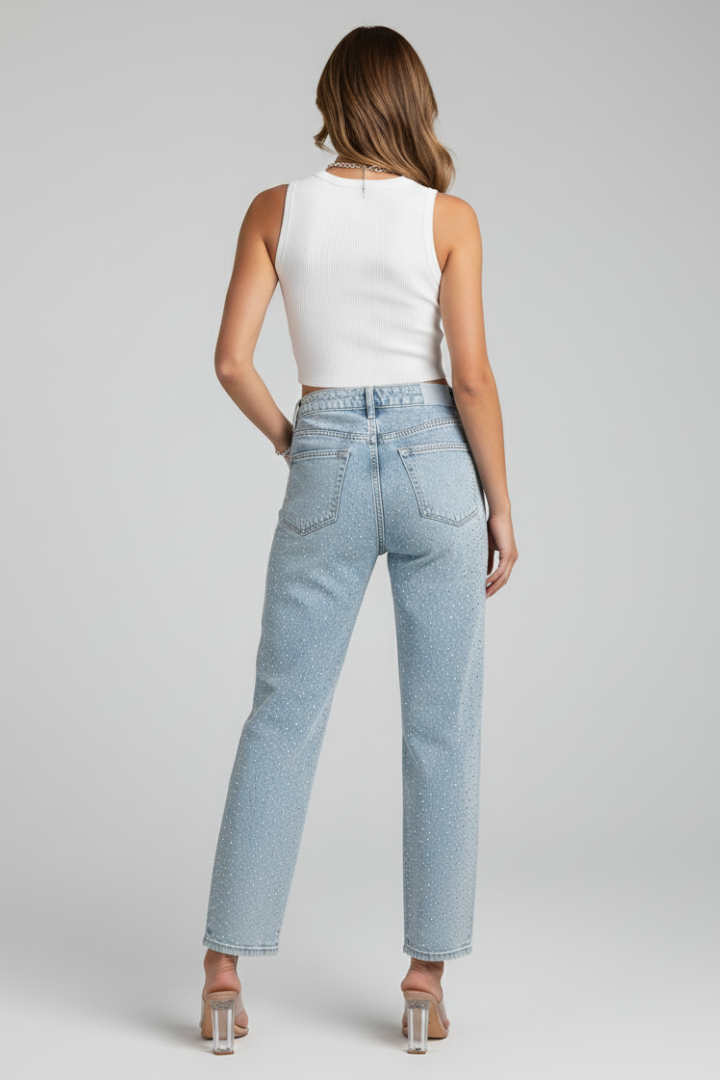 Women’s high-waist shimmer straight-leg jeans by Jesie-London, featuring a stylish fit with subtle shimmer detail.
