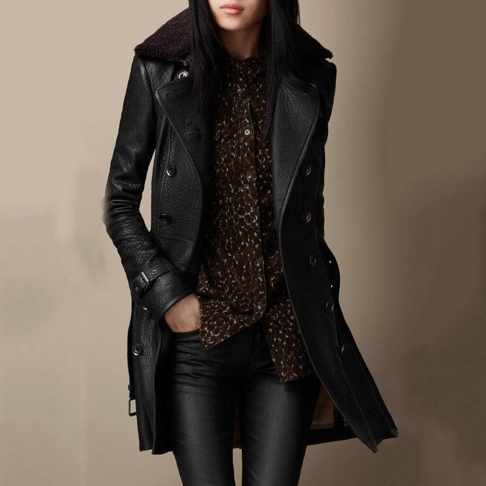 Jasmine women’s trendy double-breasted coat by Jesie-London, shown in a stylish fit with lapels and button details.
