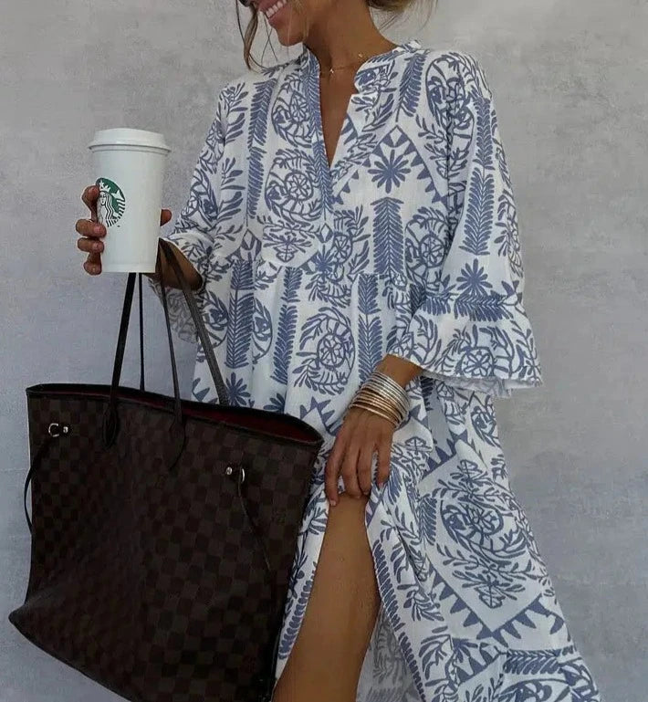 Jesie-London Bethany women's boho patterned long sleeve mini dress in blue with a relaxed, stylish design.