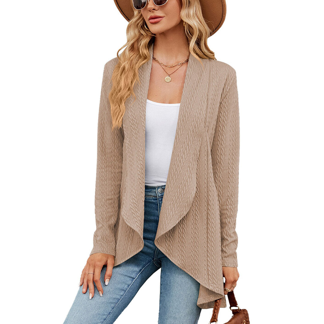 Jesie-London khaki women's casual open front long cardigan by Chloe, featuring a relaxed fit and soft knit fabric.