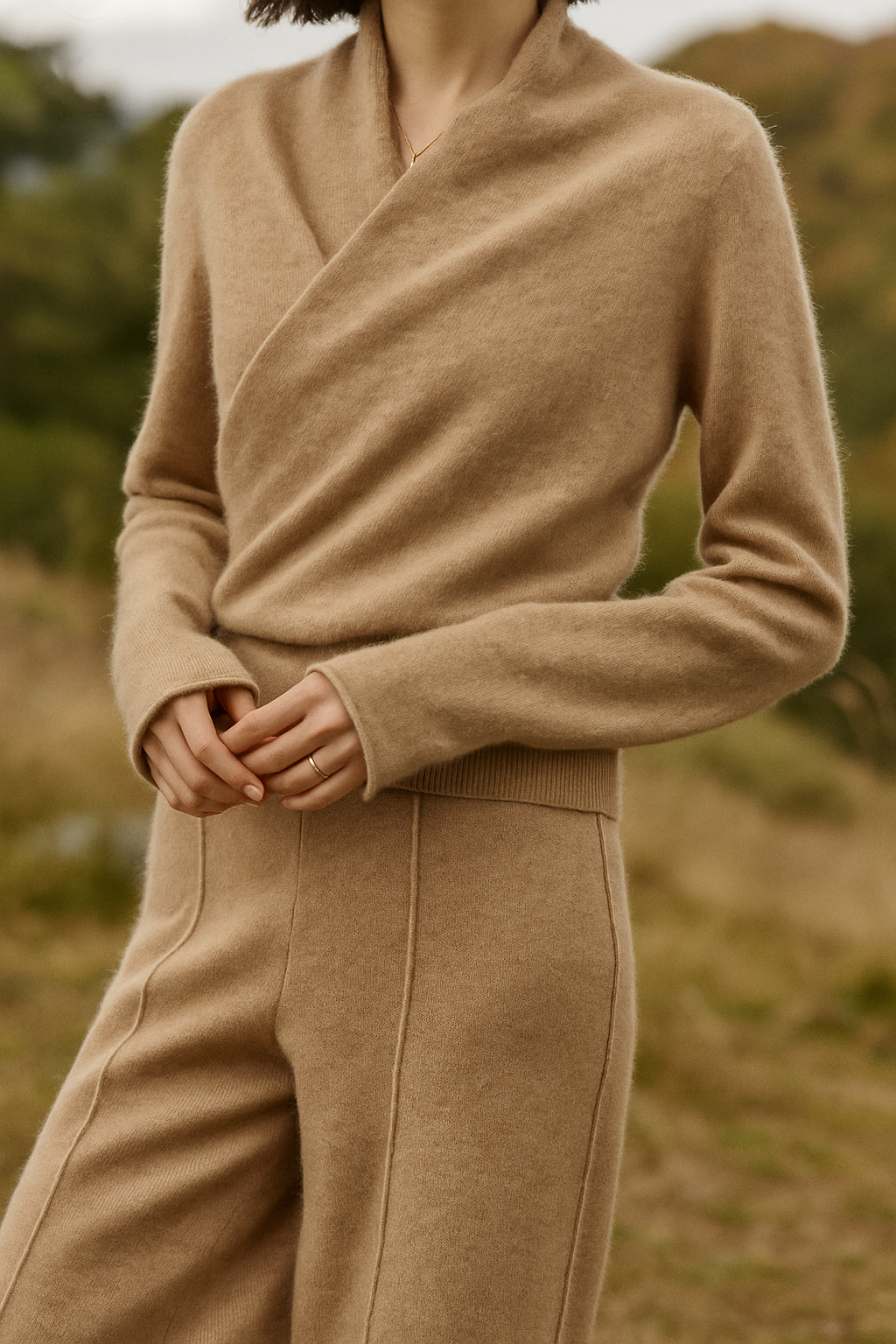 Beige women's Jesie-London Kate wrap crossover chic sweater with elegant, cozy cashmere fabric and stylish design.