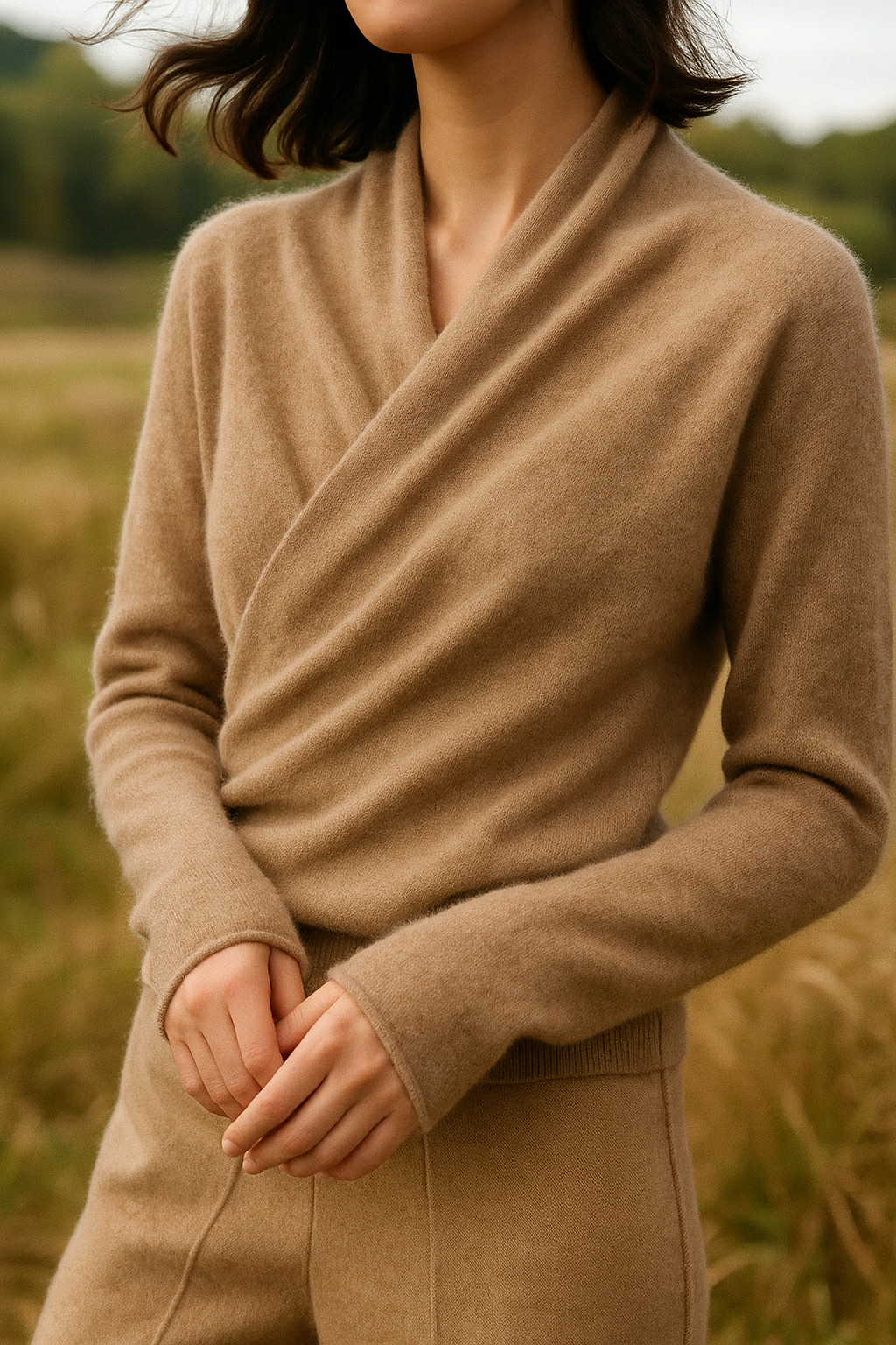 Beige women's cashmere wrap crossover sweater by Jesie-London, featuring an elegant, chic design with a soft, cozy texture.