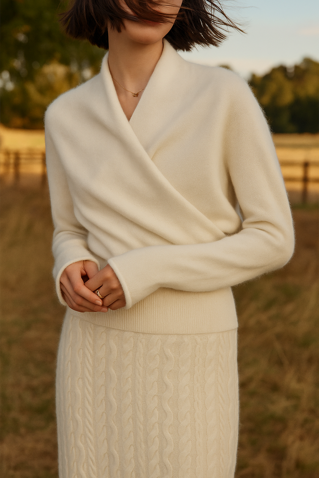 Ivory cashmere wrap crossover chic sweater for women by Jesie-London, showcasing a stylish and elegant design.