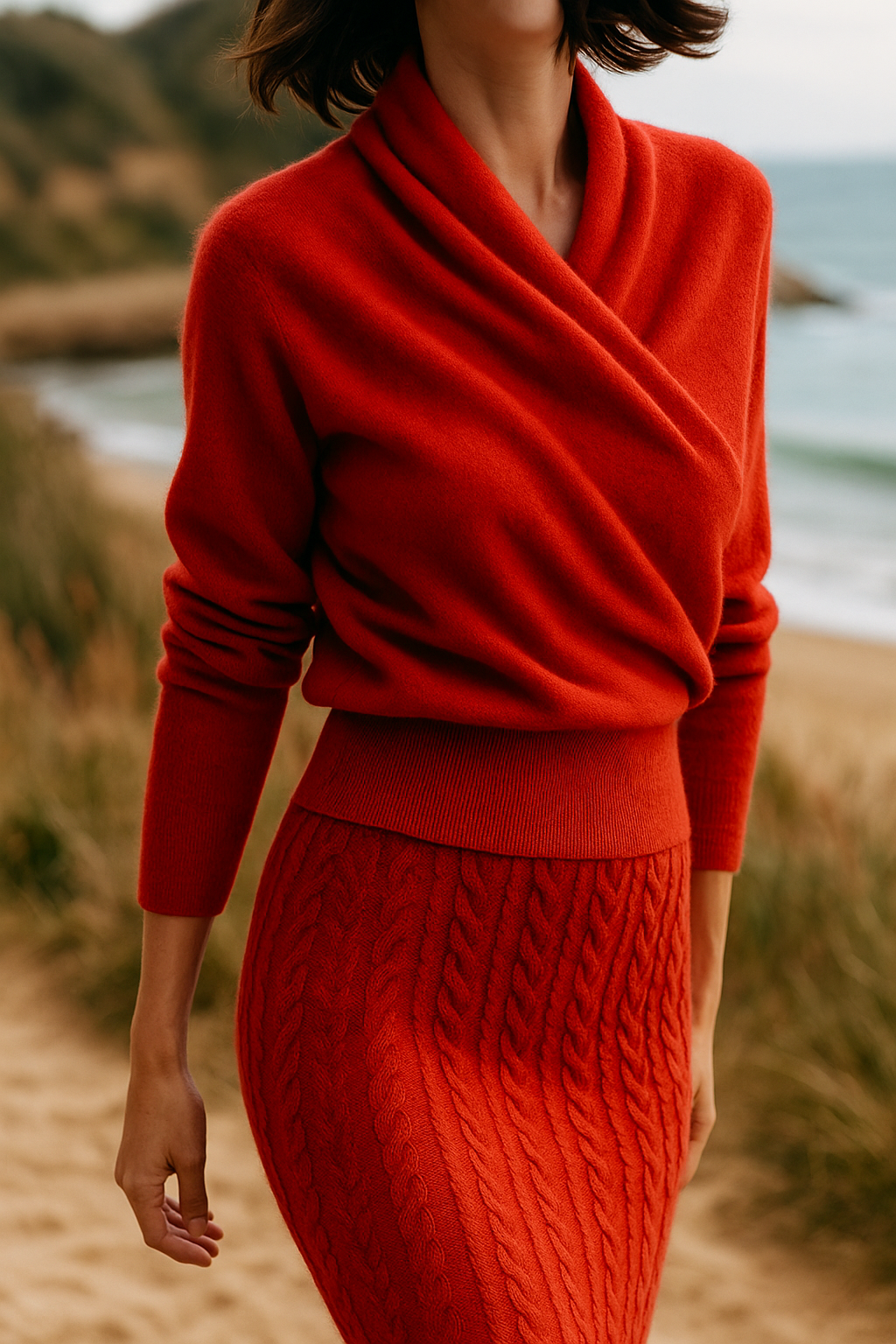 Red women's cashmere wrap crossover sweater by Jesie-London, featuring a chic and elegant design with a cozy fit.