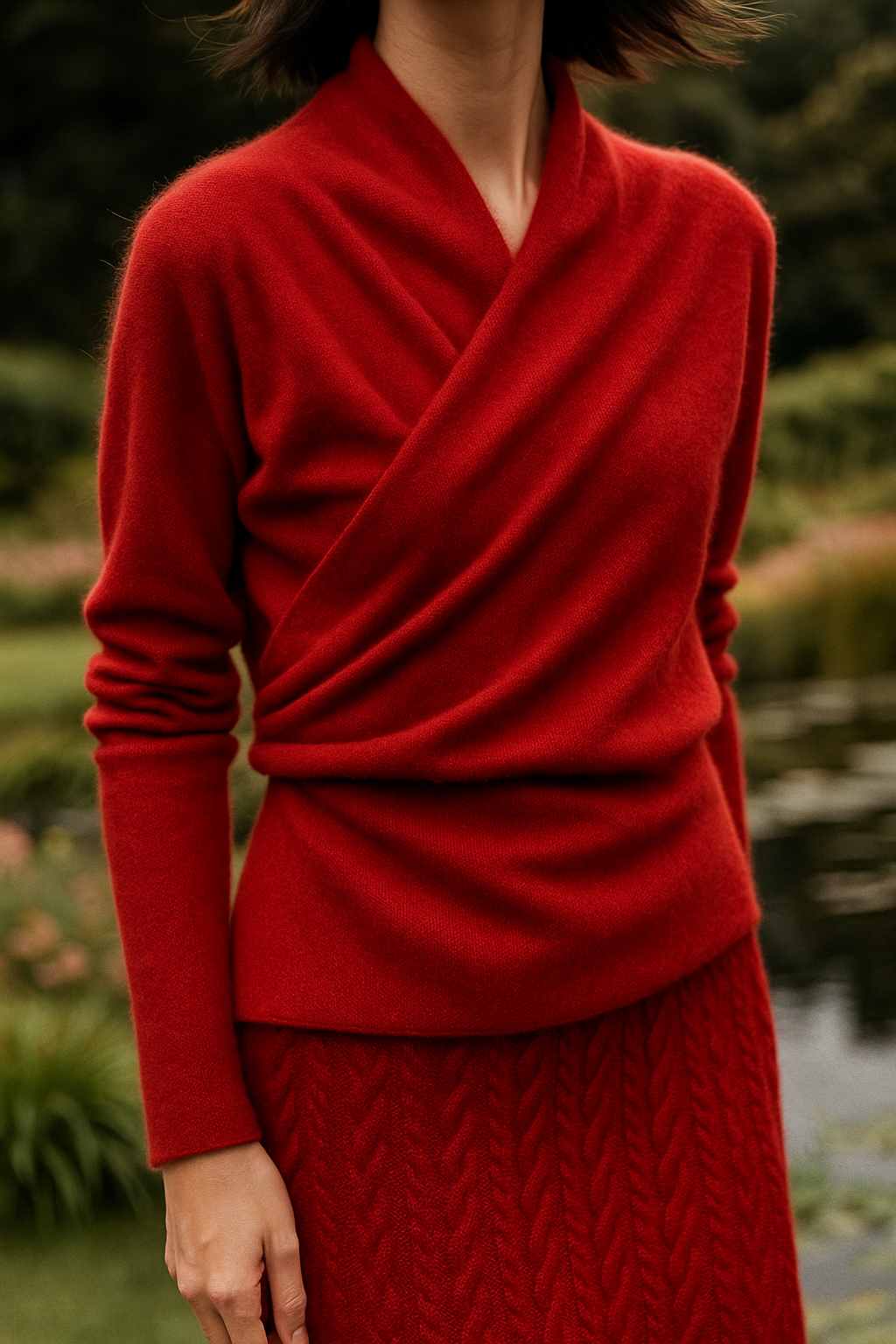 Red Jesie-London Kate women’s elegant wrap crossover chic cashmere sweater, showcasing its stylish design and soft fabric.