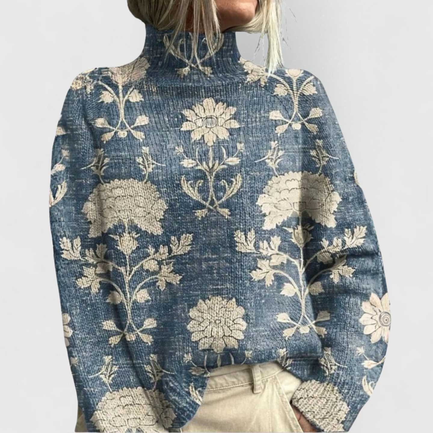 Women's cozy knit sweater with nature print by Jesie-London, featuring a relaxed fit and soft, textured fabric.