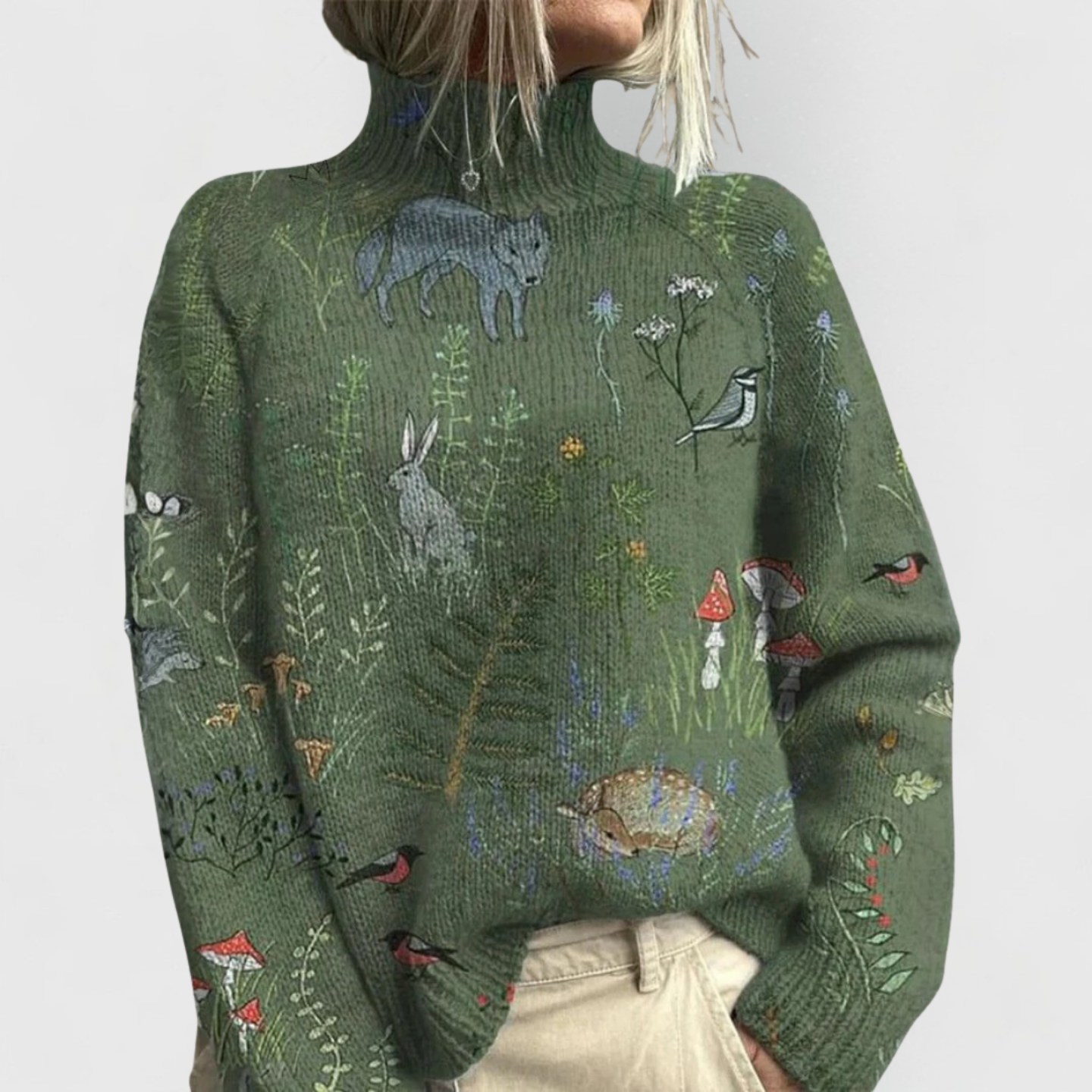 Jesie-London Margaret women's cozy knit sweater with nature print, paired with a short-sleeve shirt and shorts ensemble.