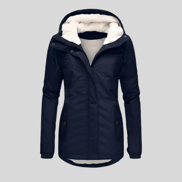 Charlotte women's hooded lightweight waterproof rain jacket by Jesie-London, shown with a hood and rain-resistant fabric.
