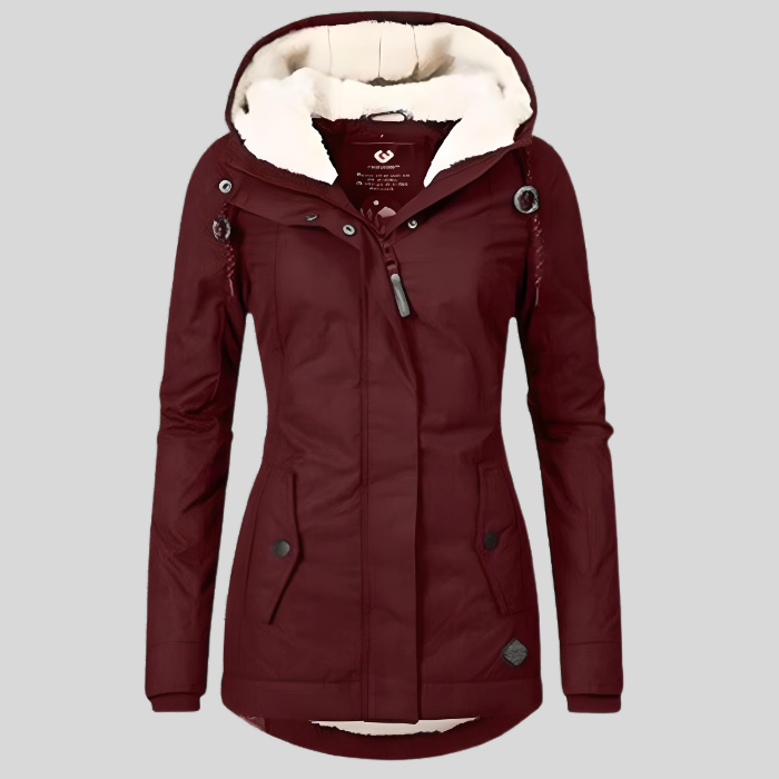 Women’s lightweight waterproof rain jacket with hood by Jesie-London, shown in a stylish design, perfect for rainy weather.