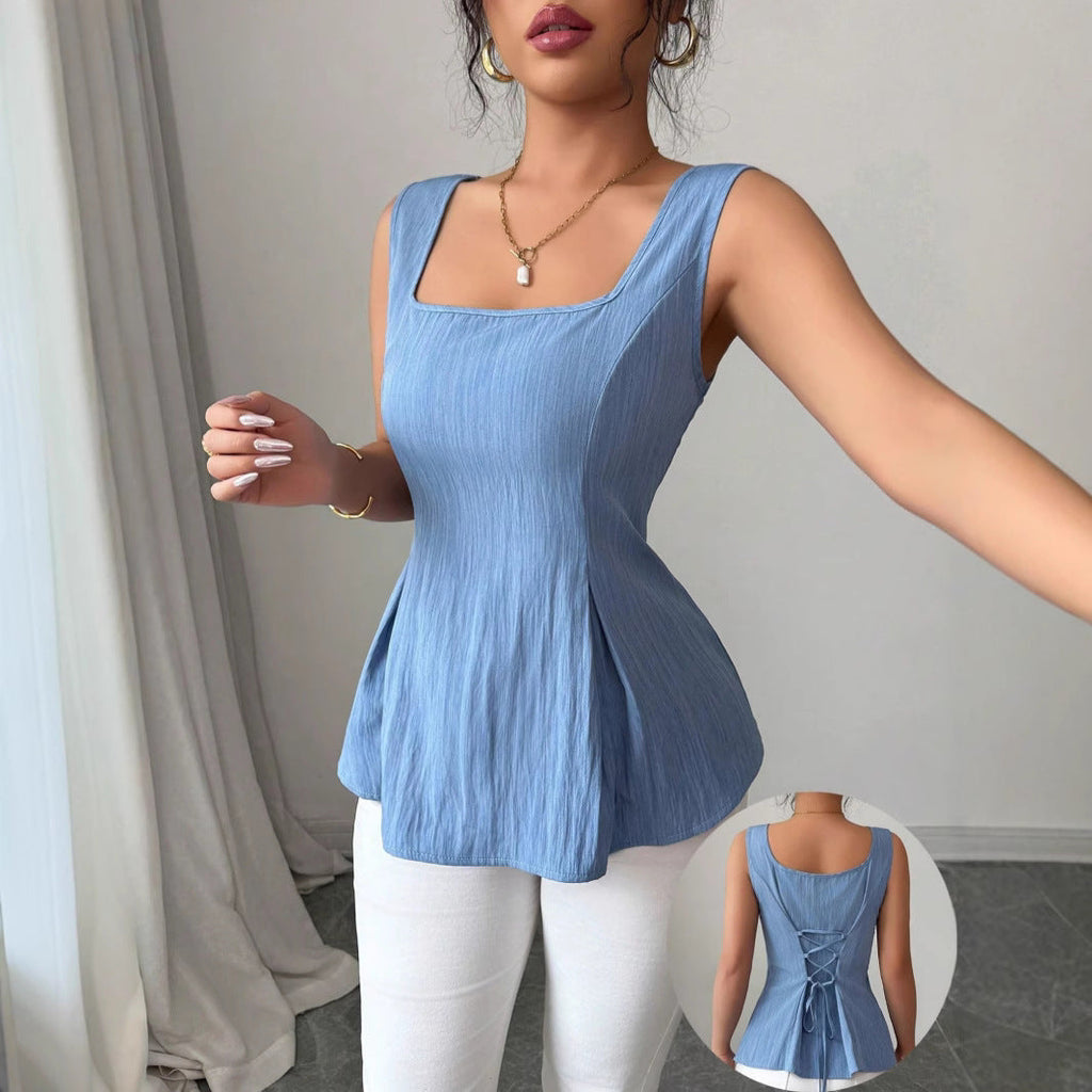Women’s spring sleeveless peplum top with square neckline by Jesie-London, shown in a stylish, fitted design.