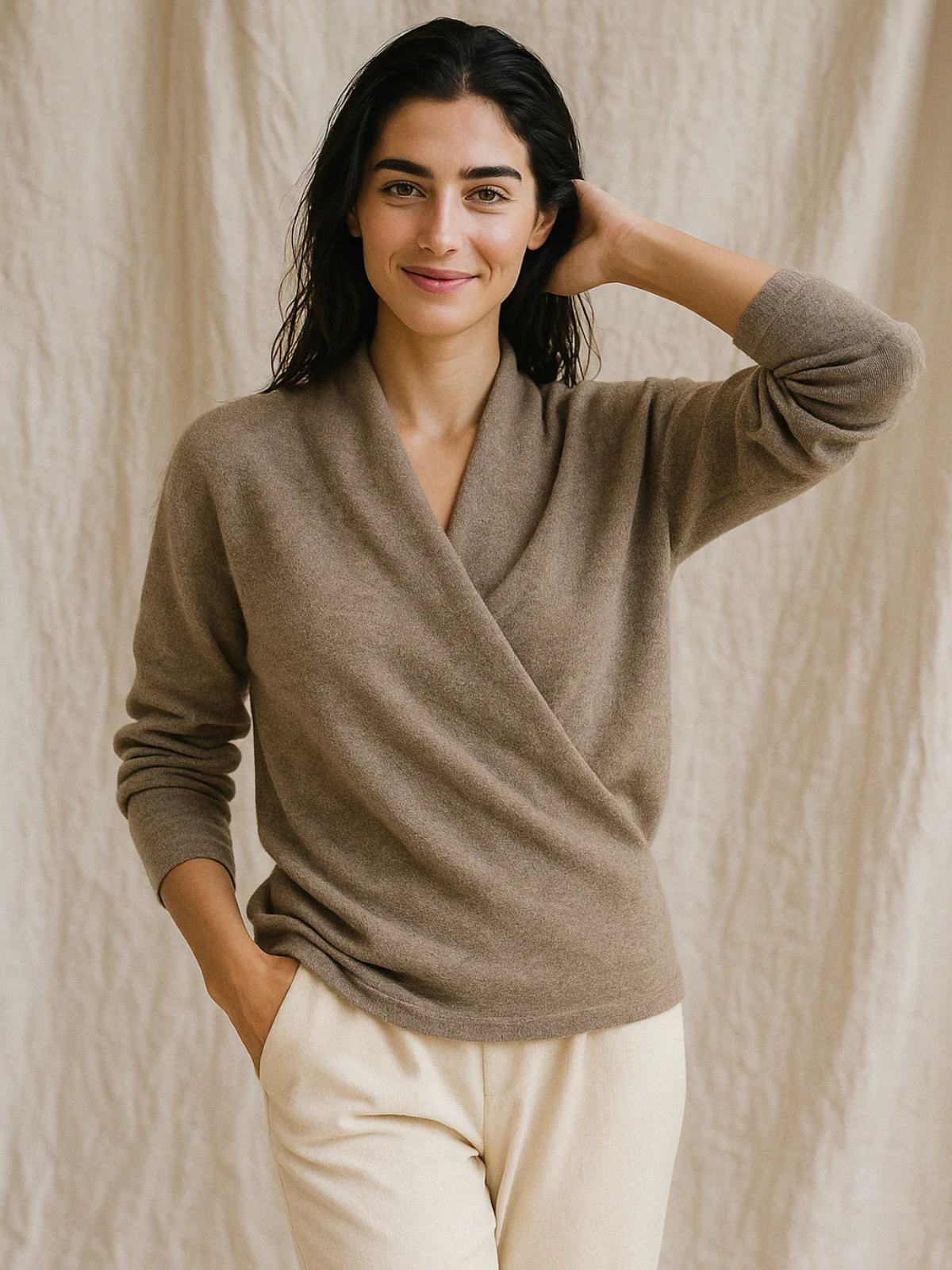 Women’s winter wrap V-neck knit sweater by Jesie-London featuring a cozy, stylish design in soft, warm fabric.