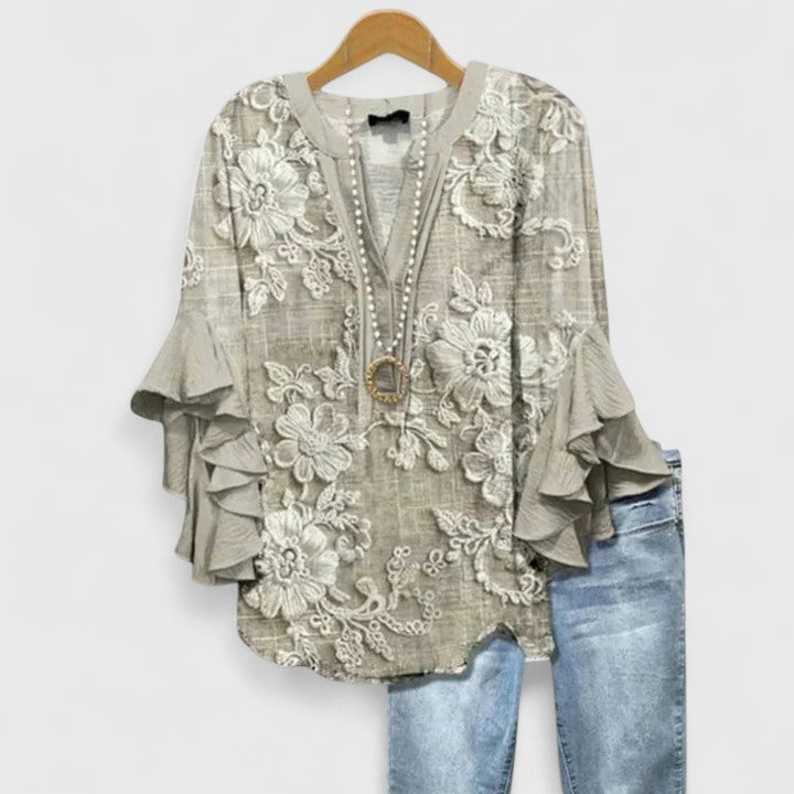 Jesie-London Katie women's floral ruffle sleeve casual top with a relaxed fit and vibrant floral print