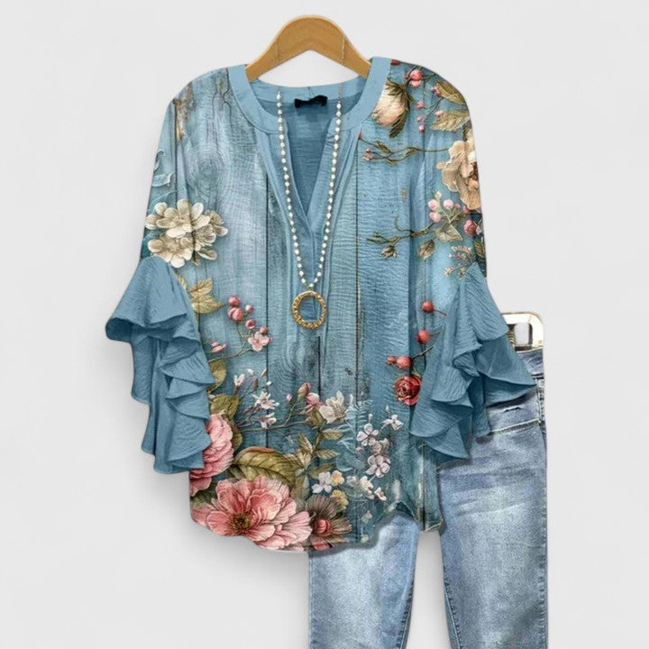 Jesie-London Katie women's floral ruffle sleeve casual top with lightweight fabric and vibrant floral pattern, perfect for everyday wear.