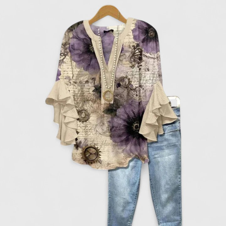 Jesie-London Katie women's floral ruffle sleeve casual top with ruffled sleeves and a relaxed fit, ideal for everyday wear.