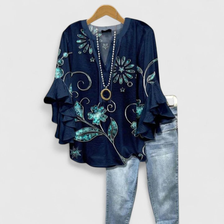 Jesie-London Katie women's floral ruffle sleeve casual top with lightweight fabric and vibrant floral pattern.
