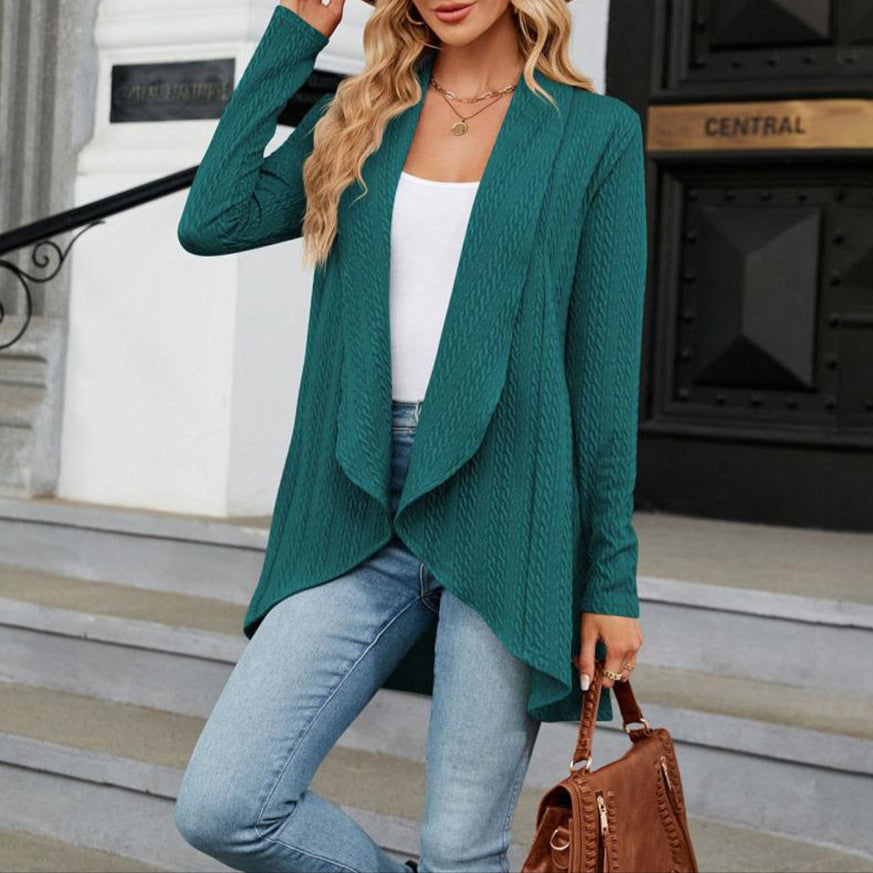 Peacock green women's open front long cardigan by Jesie-London, casual style with relaxed fit and long sleeves.