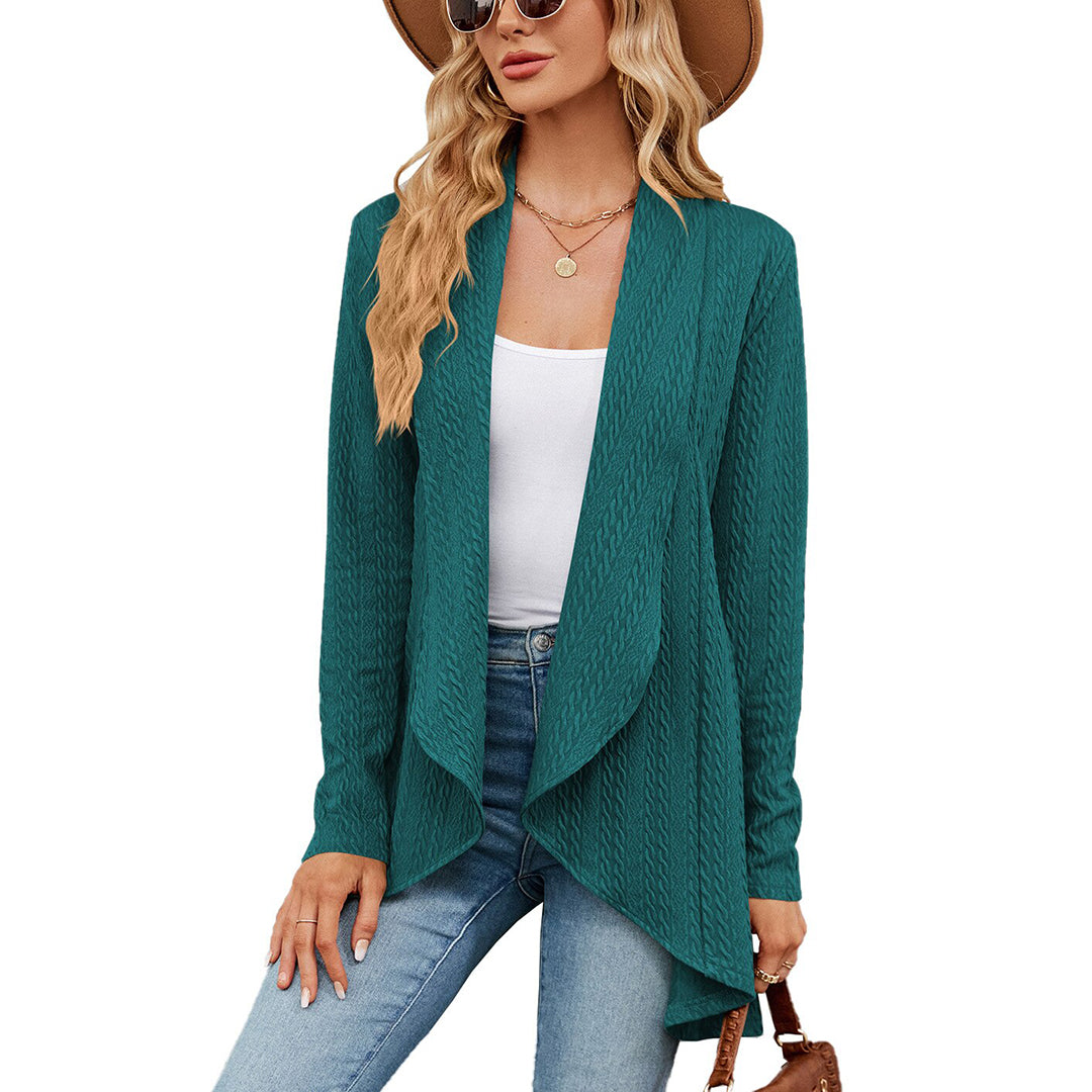 Peacock green Jesie-London Chloe women's casual open front long cardigan displayed flat with soft knit fabric and long sleeves.