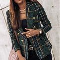 Women’s check pattern double-breasted blazer by Jesie-London, tailored fit with lapels, front buttons, and long sleeves.