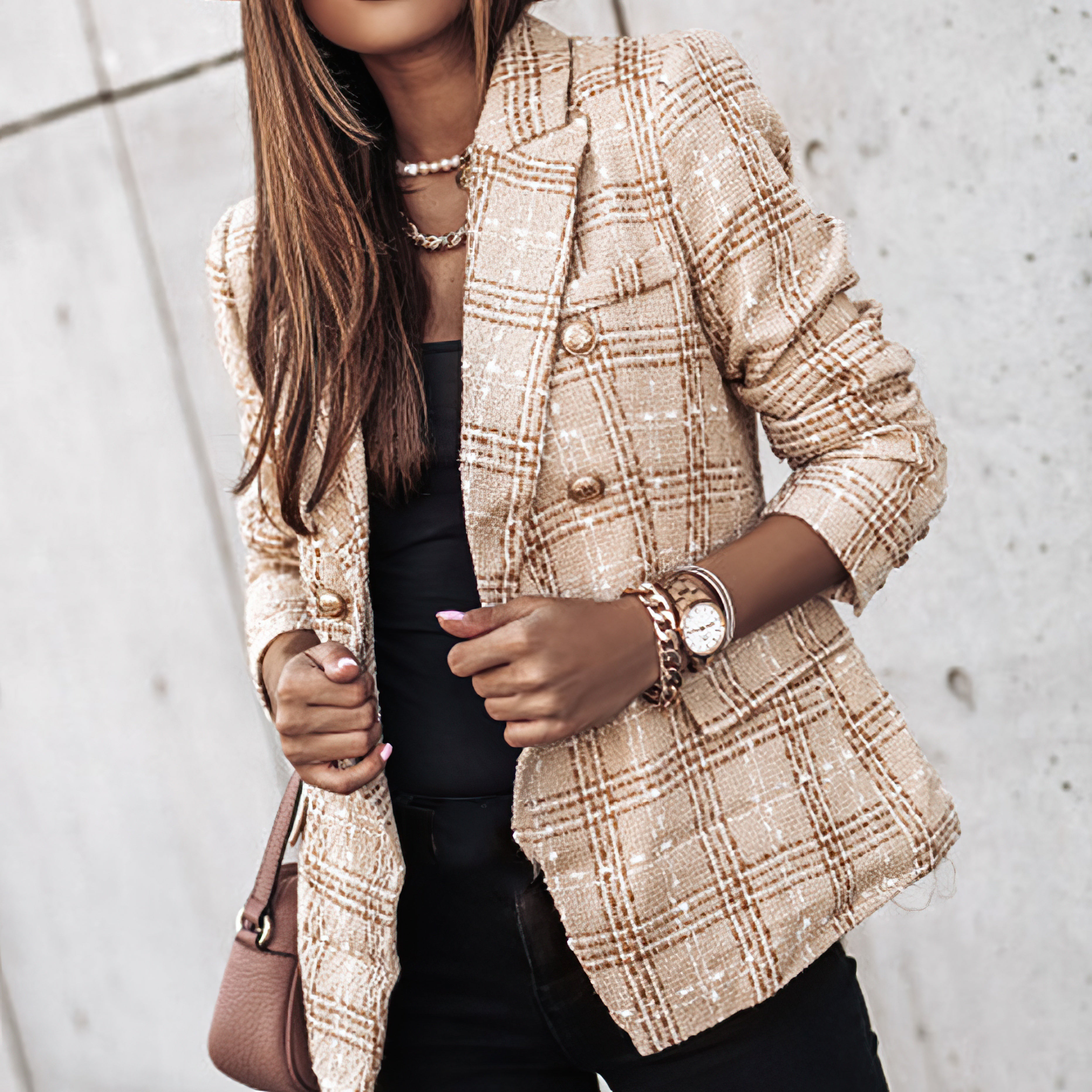 Jesie-London Bella women’s check pattern double-breasted blazer with tailored fit and stylish lapels, shown in a cropped image.