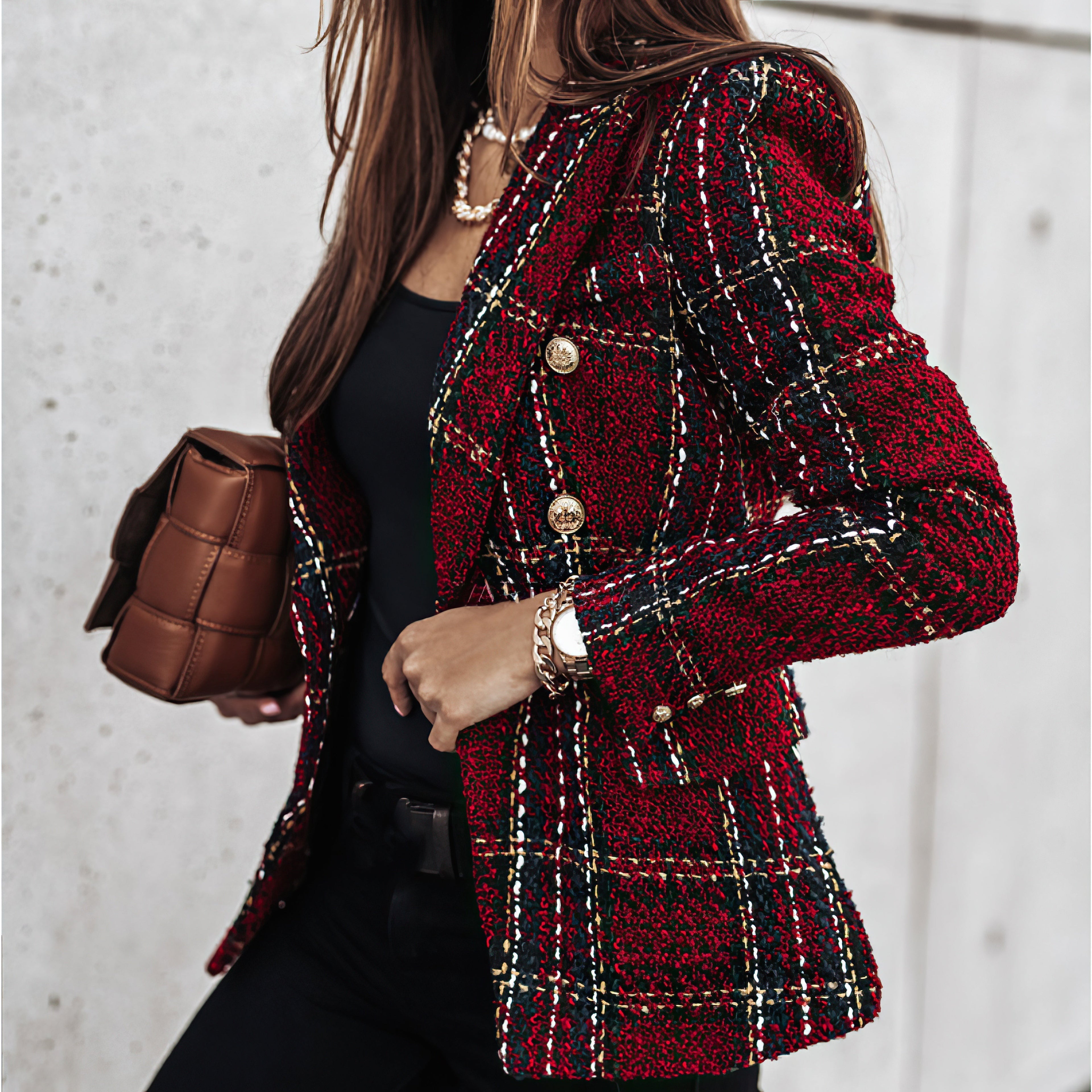 Jesie-London Bella women’s check pattern double-breasted blazer, tailored fit with lapels, displayed on a hanger.