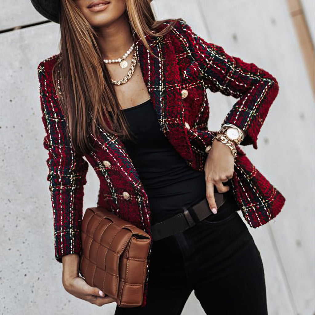 Jesie-London Bella women's check pattern double-breasted blazer shown in a close-up image with tailored fit and classic design.