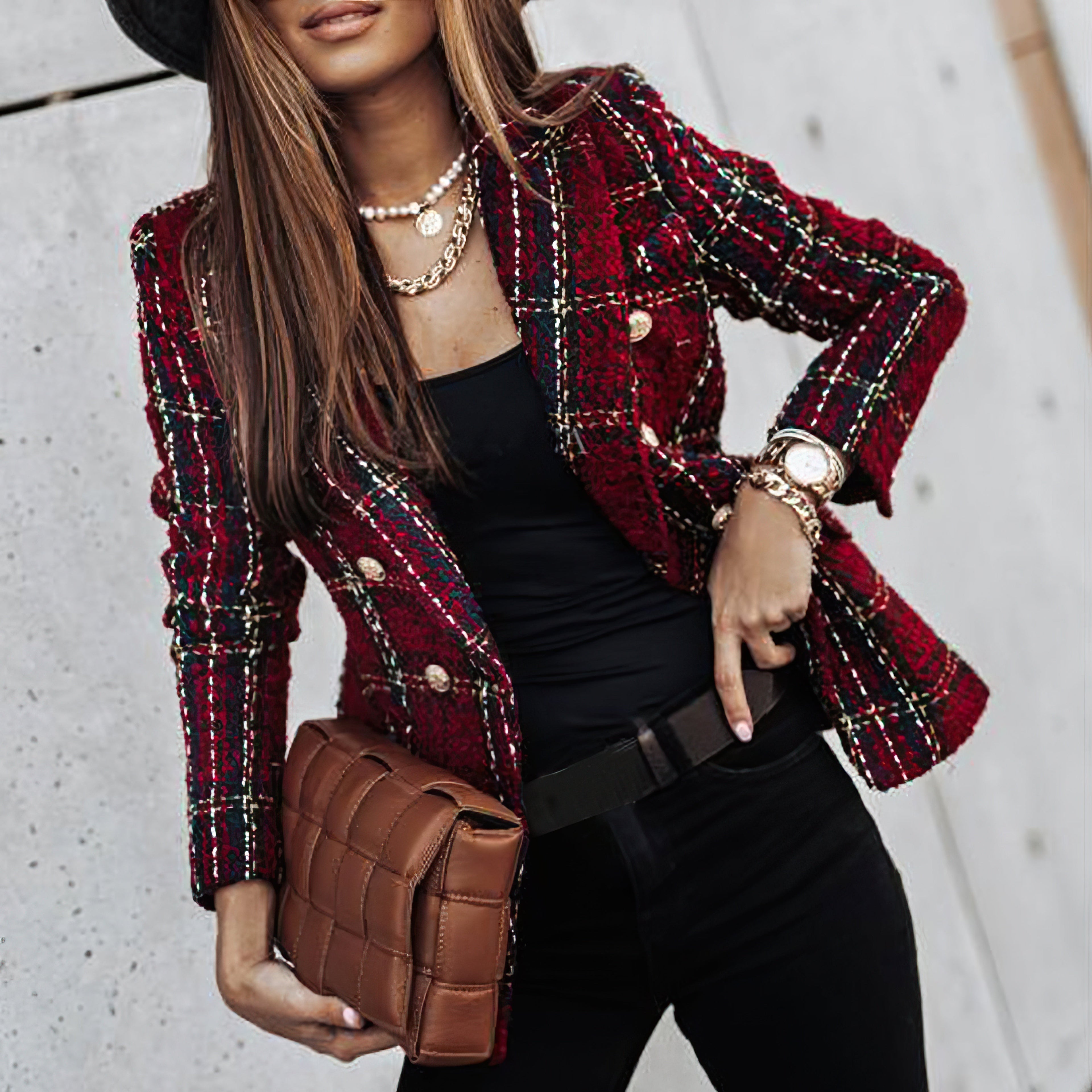 Jesie-London Bella women's check pattern double-breasted blazer shown in a close-up image with tailored fit and classic design.
