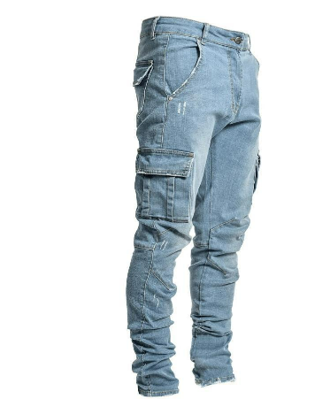 Men's slim cargo jean pants in urban style from Jesie-London, featuring multiple pockets and a modern fit.