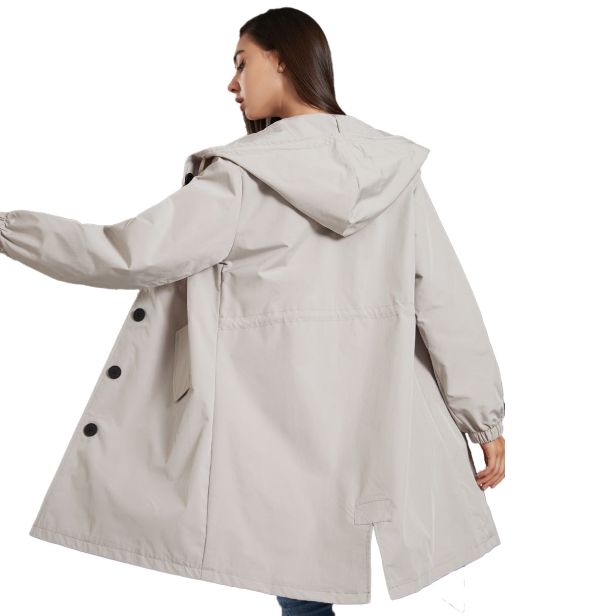Jesie-London Elsie women's relaxed fit drawstring hood coat, waterproof rain jacket with long, casual design for outdoor wear.