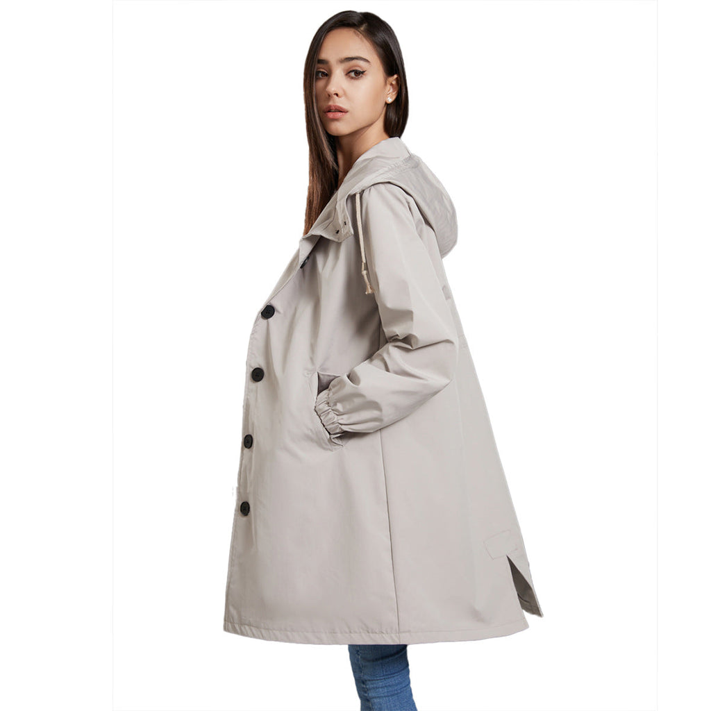 Jesie-London Elsie women's water-resistant hooded drawstring raincoat, casual long outdoor coat with relaxed fit.