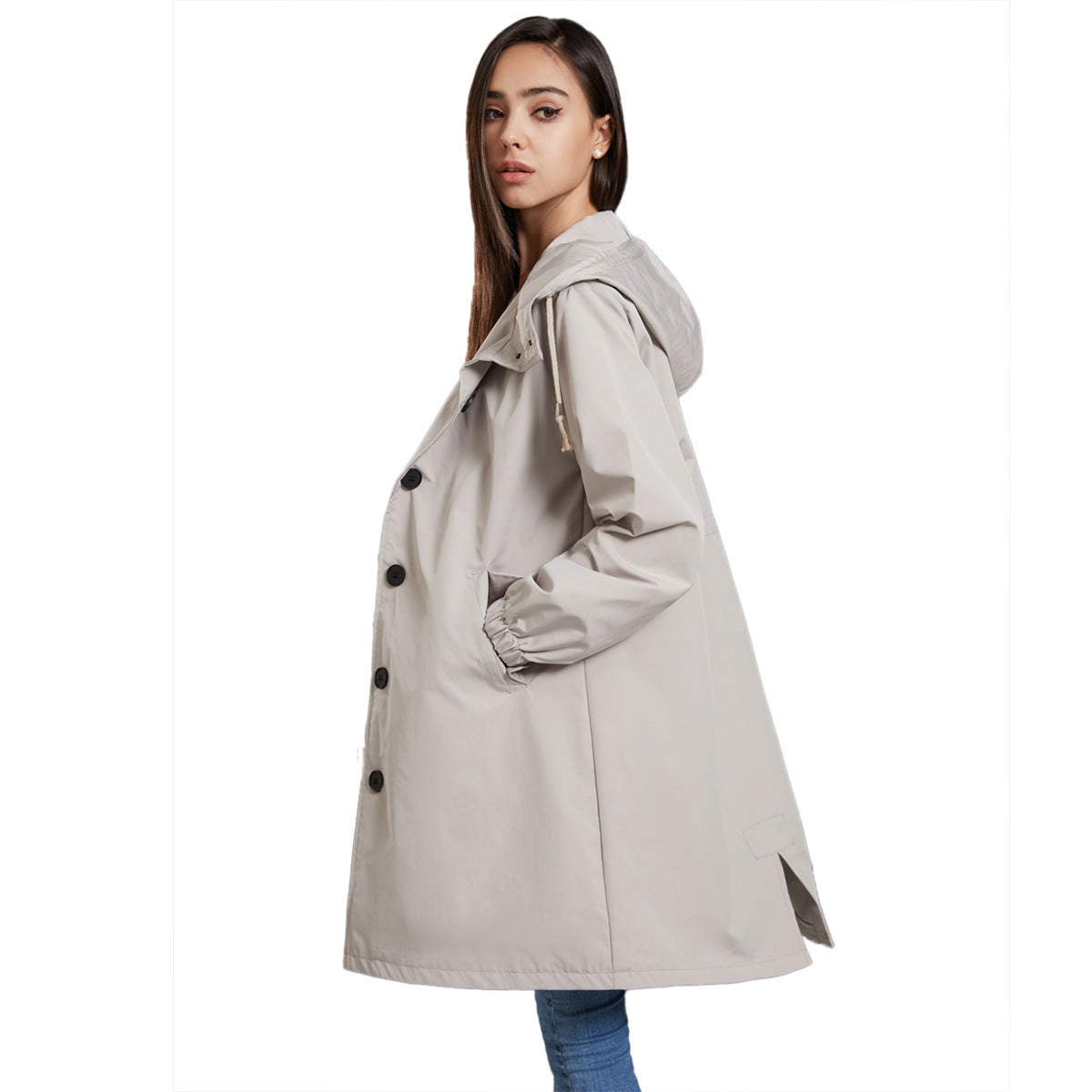 Jesie-London Elsie women's water-resistant hooded drawstring raincoat, casual long outdoor coat with relaxed fit.