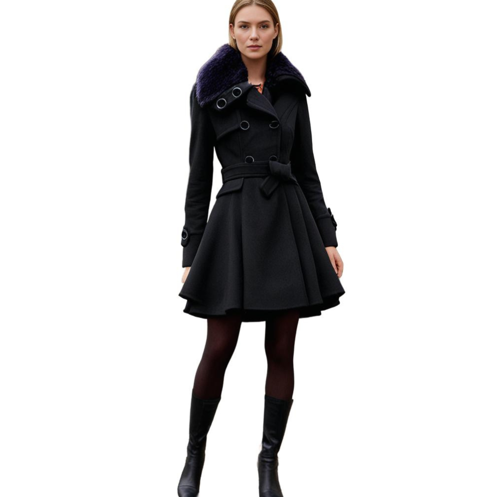 Black Lydia women's short dress coat with waist tie by Jesie-London, featuring an elegant, tailored silhouette.